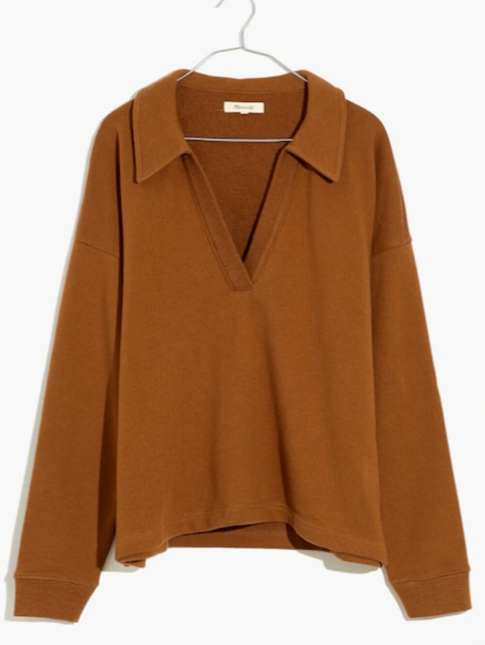 Madewell Cotton Hemp Oversized Polo Sweatshirt Medium Camel Tan Split Neck